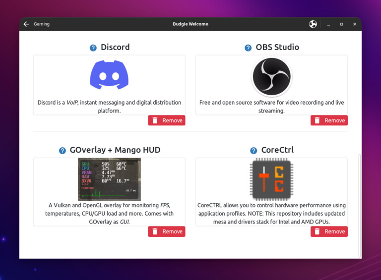 Ubuntu Budgie Welcome Gaming Section