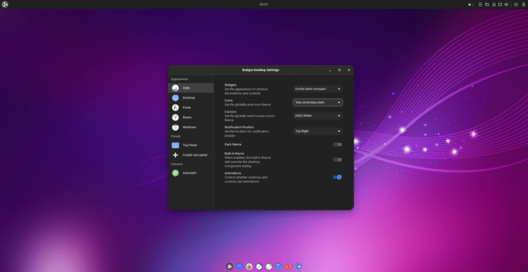 This image shows Budgie Desktop Settings, after we switch our theme to dark compact style