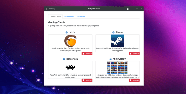 This image shows Budgie Gaming application on top of Ubuntu Budgie wallpaper