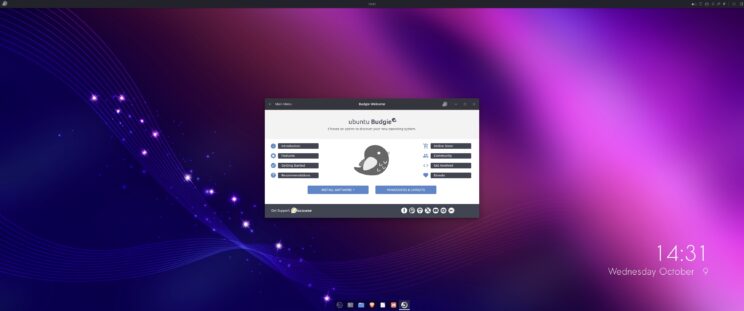 This image shows the Ubuntu Budgie desktop with Budgie Welcome app open